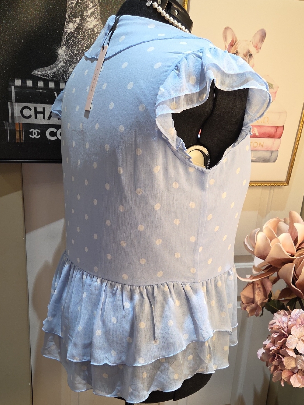 Nwt 1X & 3X Tamara H Women's Light Blue Polka Dot Ruffle Tie-Front Blouse - Picture 4 of 14